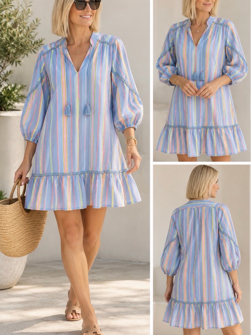 crown & ivy Pastel Blue Multicolor Striped V-Neck Dress - Picture 2 of 9